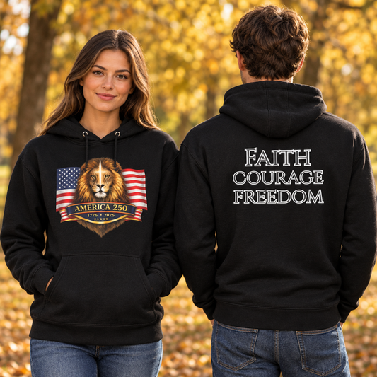 America 250 Founders hoodie front and back on female and male models