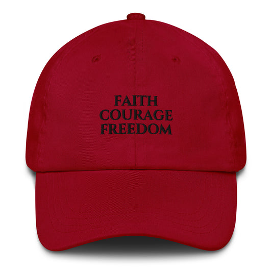 Cranberry Christian patriotic dad hat with Faith Courage Freedom text design