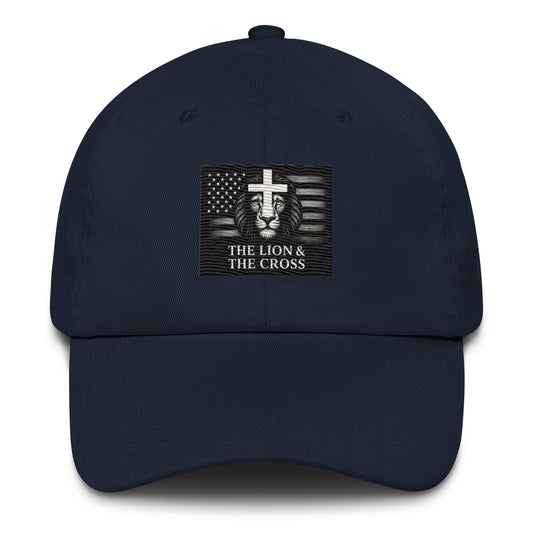 Navy Christian patriotic dad hat with exclusive The Lion and The Cross logo lion cross American flag
