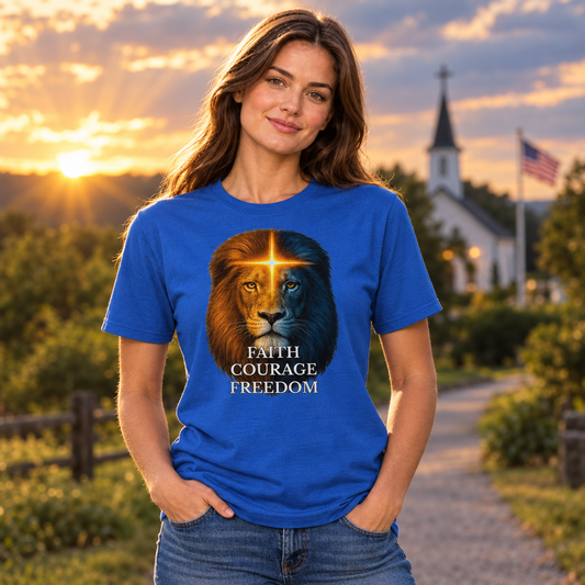 Conviction Collection female-model lifestyle image with a distant church and flag