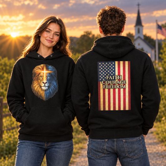 Couple wearing Conviction hoodies with a church, American flag, and evening sunlight in the background