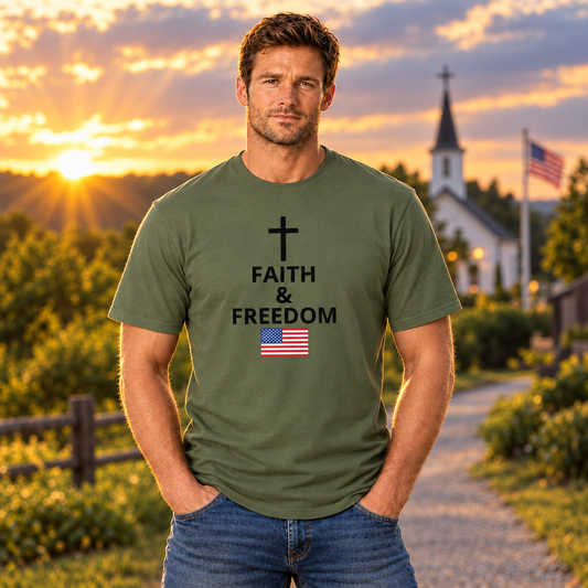 Male model wearing the military-green Faith & Freedom tee in a patriotic evening setting