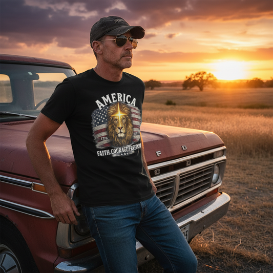 Older man in black lion tee with truck at sunset