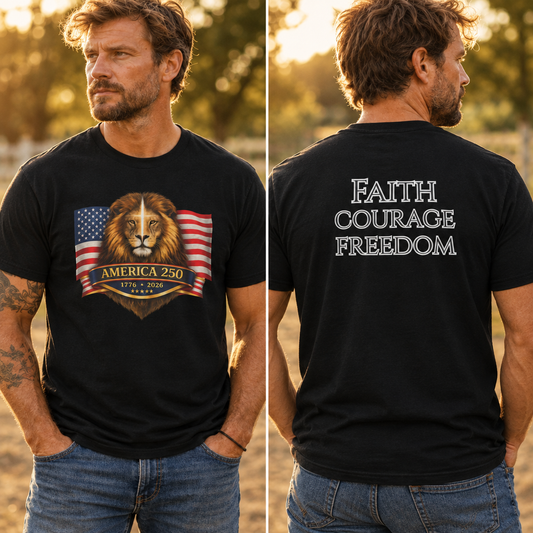 Split-screen male lifestyle preview showing the America 250 tee front and back