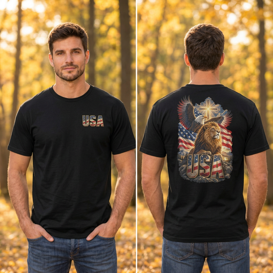 Square front-and-back black tee lifestyle image with tighter framing