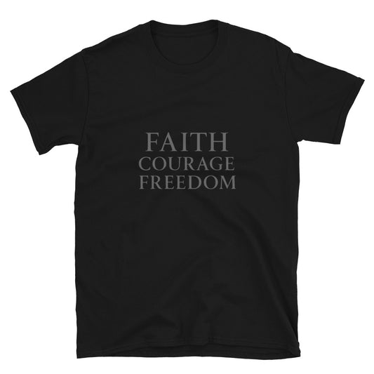 Black Christian Patriotic T-shirt with Faith Courage Freedom text design
