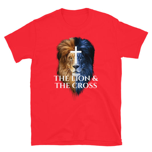 Red Christian Patriotic T-shirt with two toned lion The Lion & The Cross front American flag back