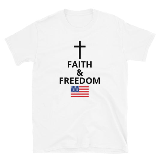 White Christian patriotic t-shirt with Faith and Freedom cross and American flag design