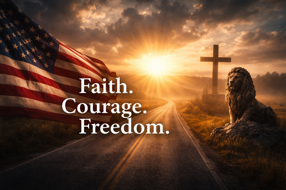 Symbolic image representing faith, courage, and freedom with the American flag, cross, and lion at sunrise.