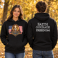 America 250 Founders hoodie front and back on female and male models