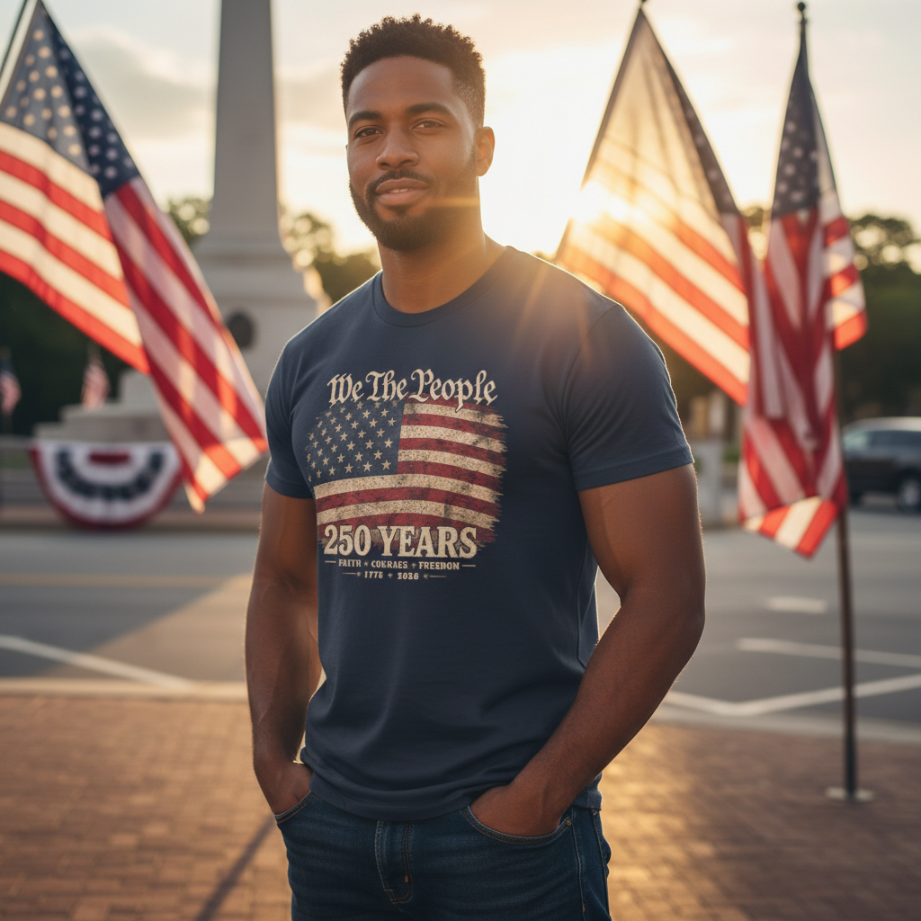 Athletic Black man in navy We The People tee