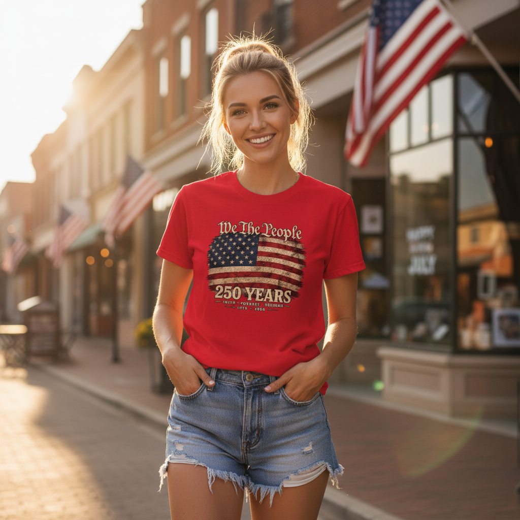 Blonde woman in red We The People tee