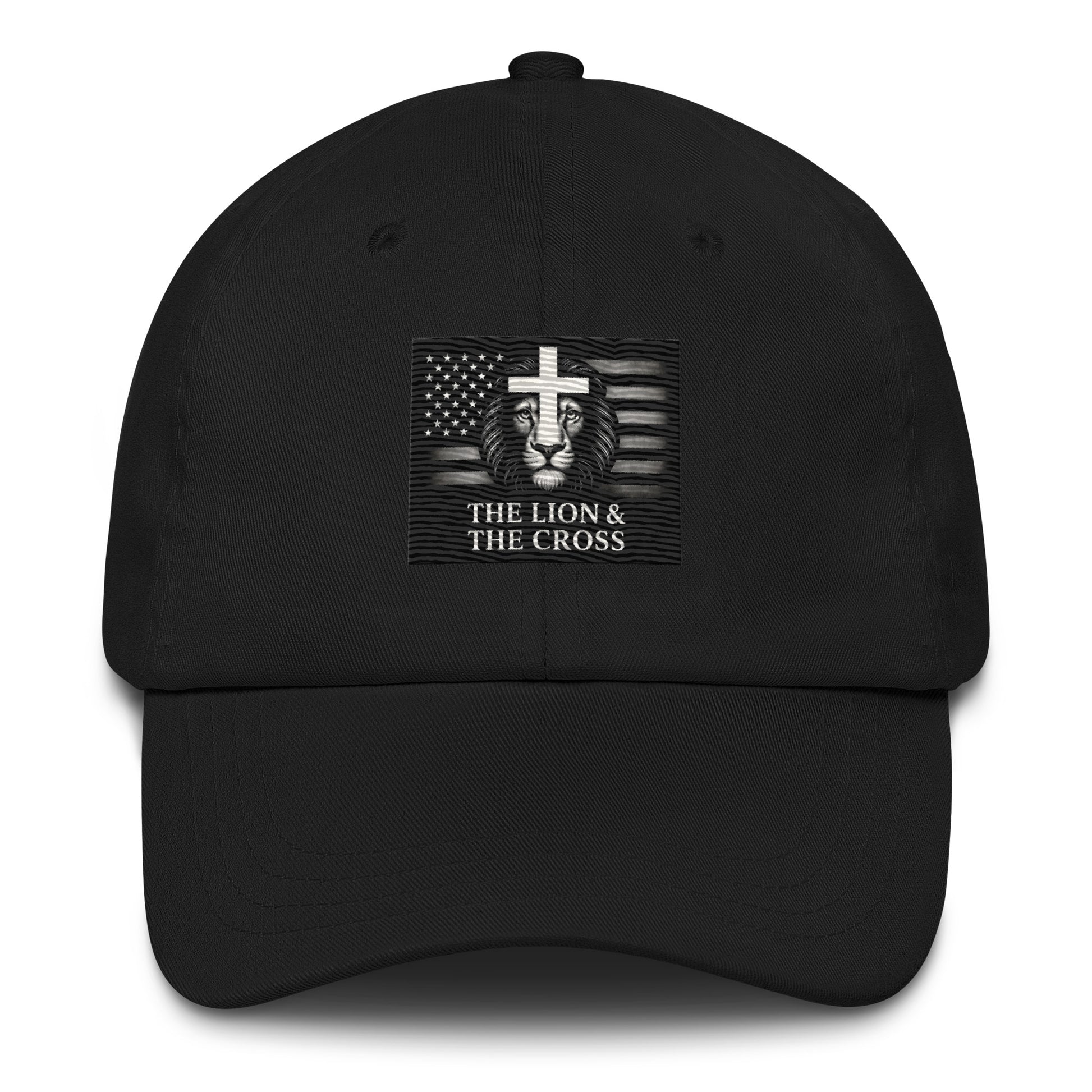 Black Christian patriotic dad hat with exclusive The Lion and The Cross logo lion cross American flag
