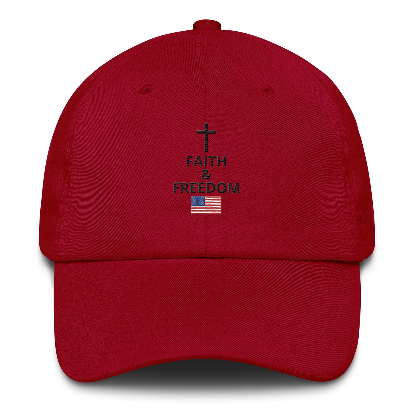 Cranberry Christian patriotic dad hat with Faith and Freedom cross and American flag design