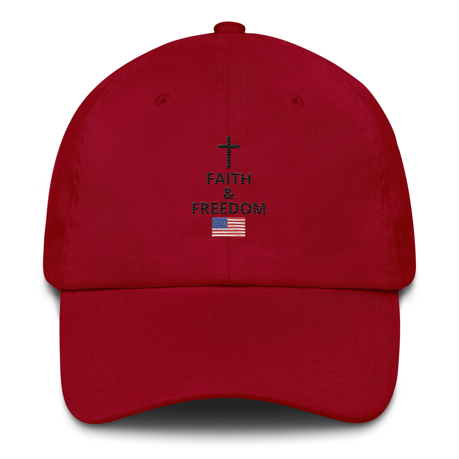 Cranberry Christian patriotic dad hat with Faith and Freedom cross and American flag design