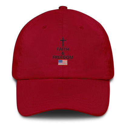 Cranberry Christian patriotic dad hat with Faith and Freedom cross and American flag design