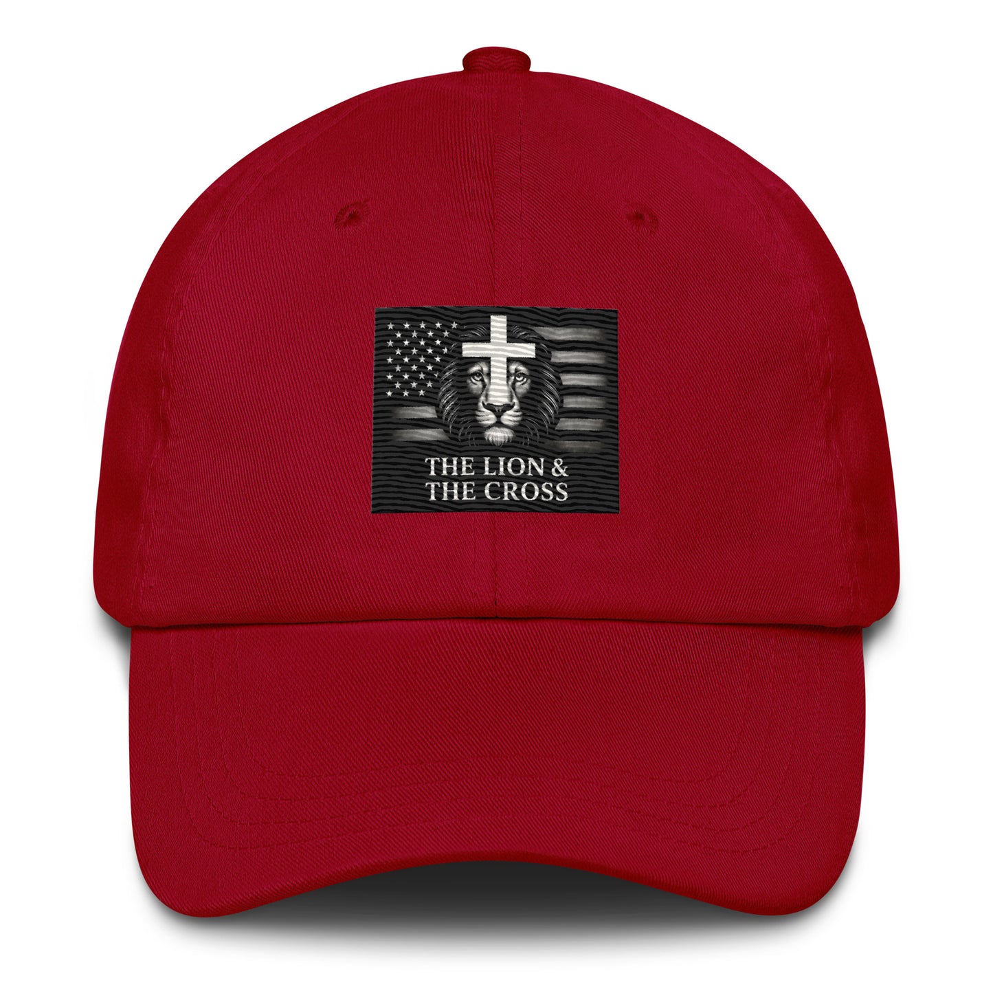 Cranberry Christian patriotic dad hat with exclusive The Lion and The Cross logo lion cross American flag
