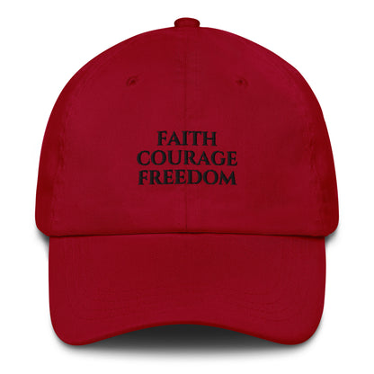 Cranberry Christian patriotic dad hat with Faith Courage Freedom text design
