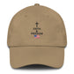 Khaki Christian patriotic dad hat with Faith and Freedom cross and American flag design