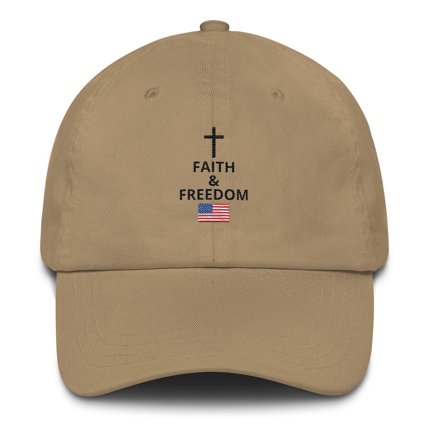 Khaki Christian patriotic dad hat with Faith and Freedom cross and American flag design
