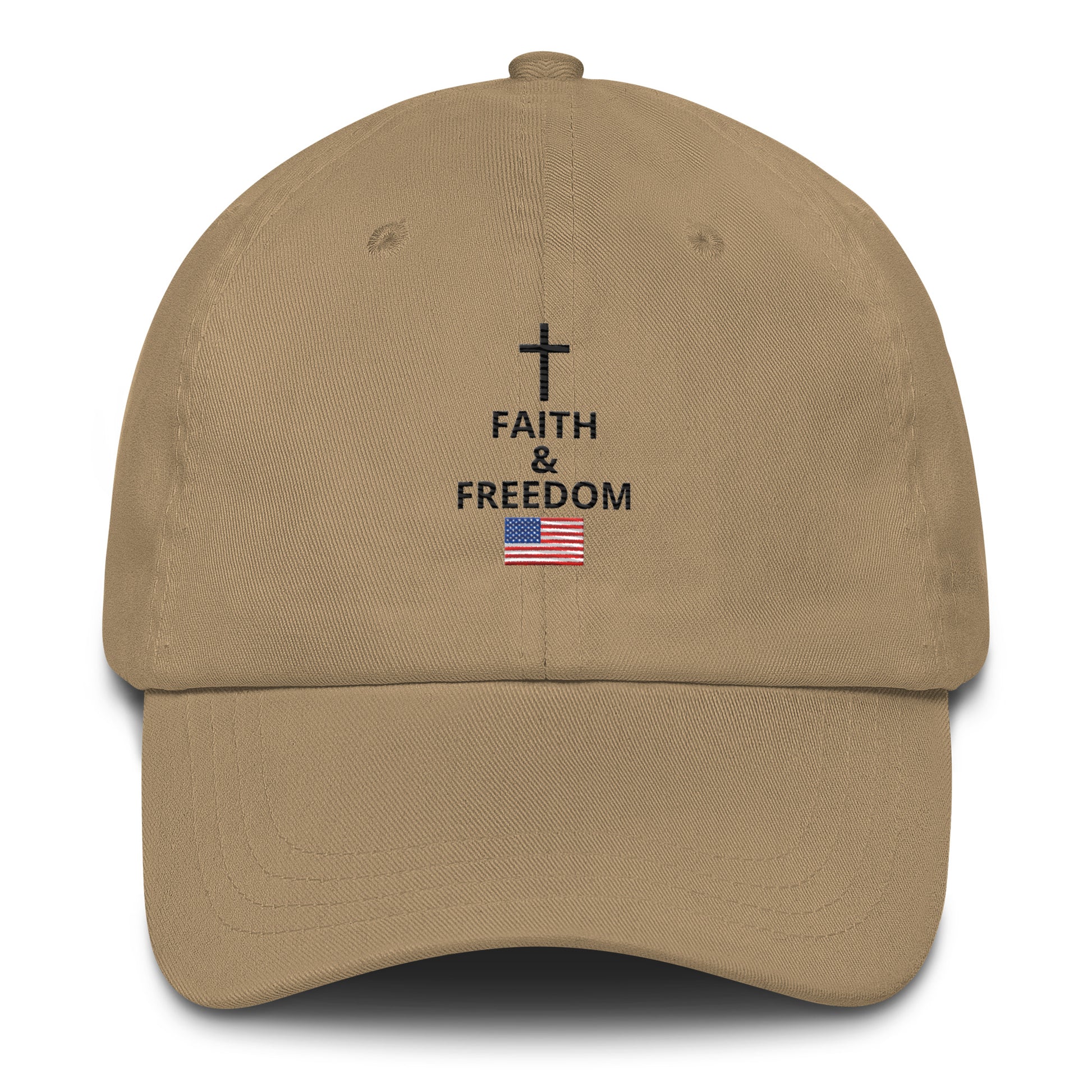 Khaki Christian patriotic dad hat with Faith and Freedom cross and American flag design