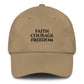 Stone Christian patriotic dad hat with Faith Courage Freedom text design
