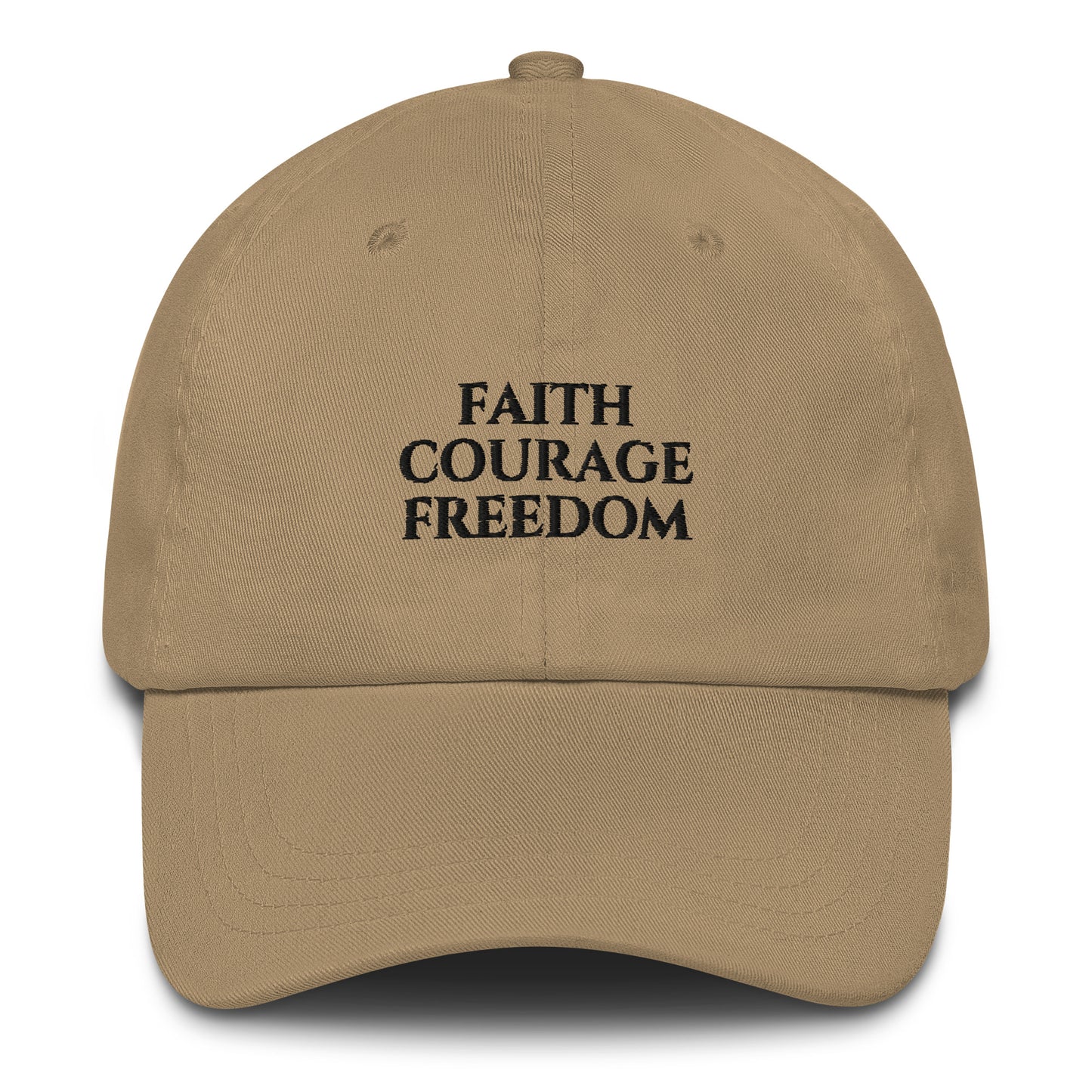 Stone Christian patriotic dad hat with Faith Courage Freedom text design

