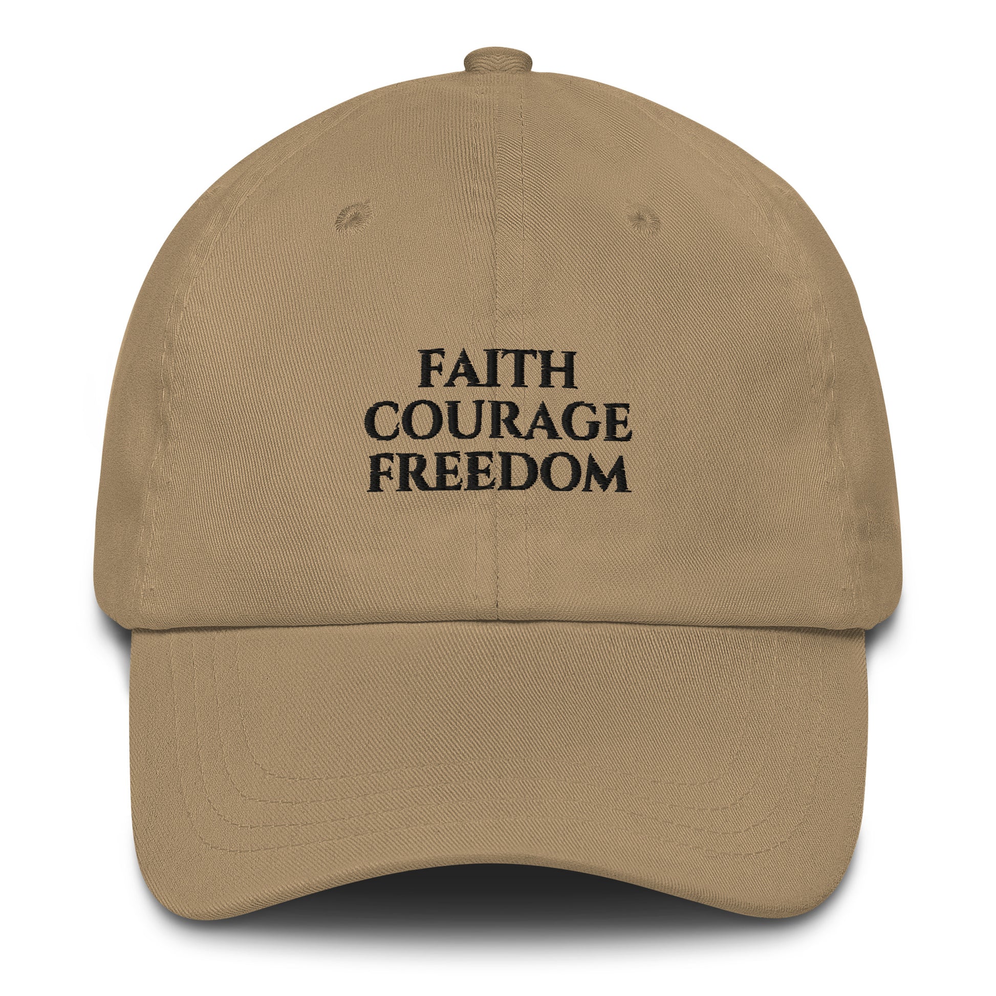 Stone Christian patriotic dad hat with Faith Courage Freedom text design
