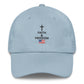 Light Blue Christian patriotic dad hat with Faith and Freedom cross and American flag design