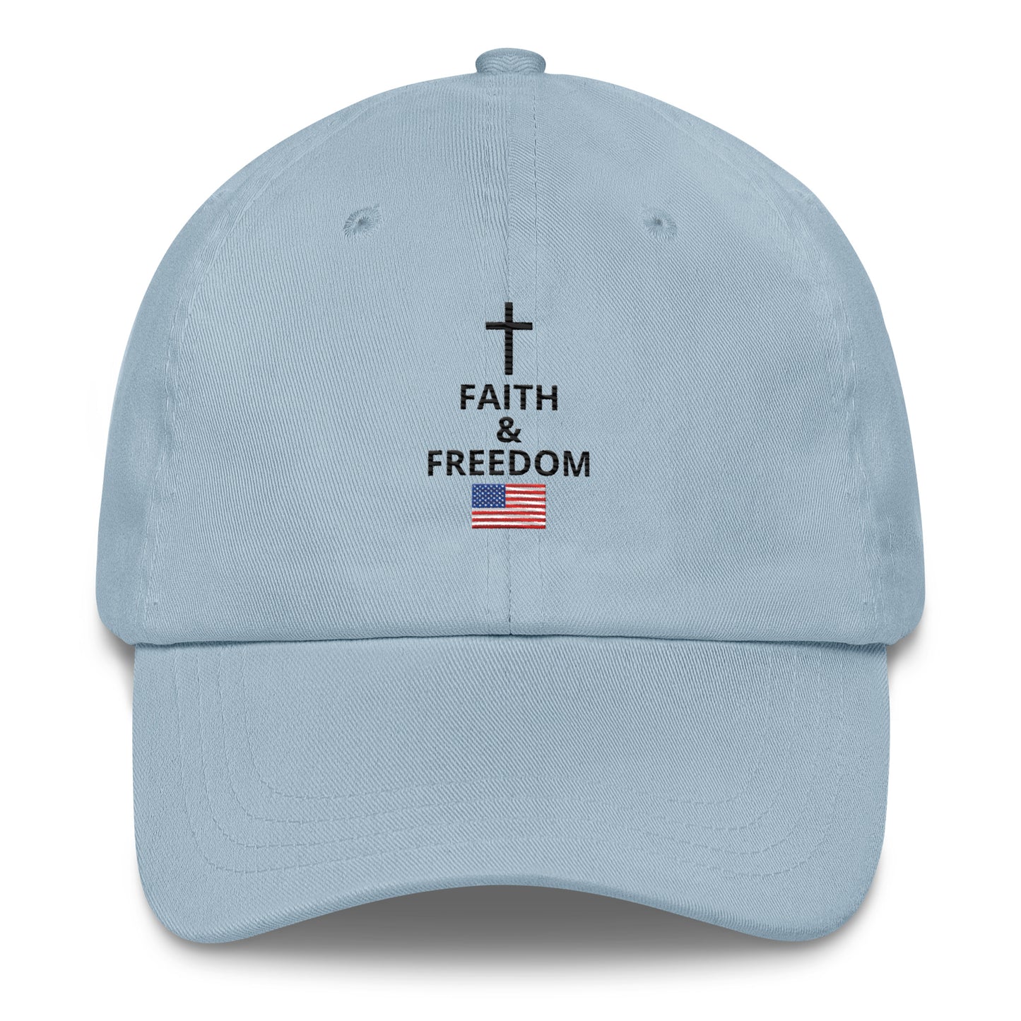 Light Blue Christian patriotic dad hat with Faith and Freedom cross and American flag design