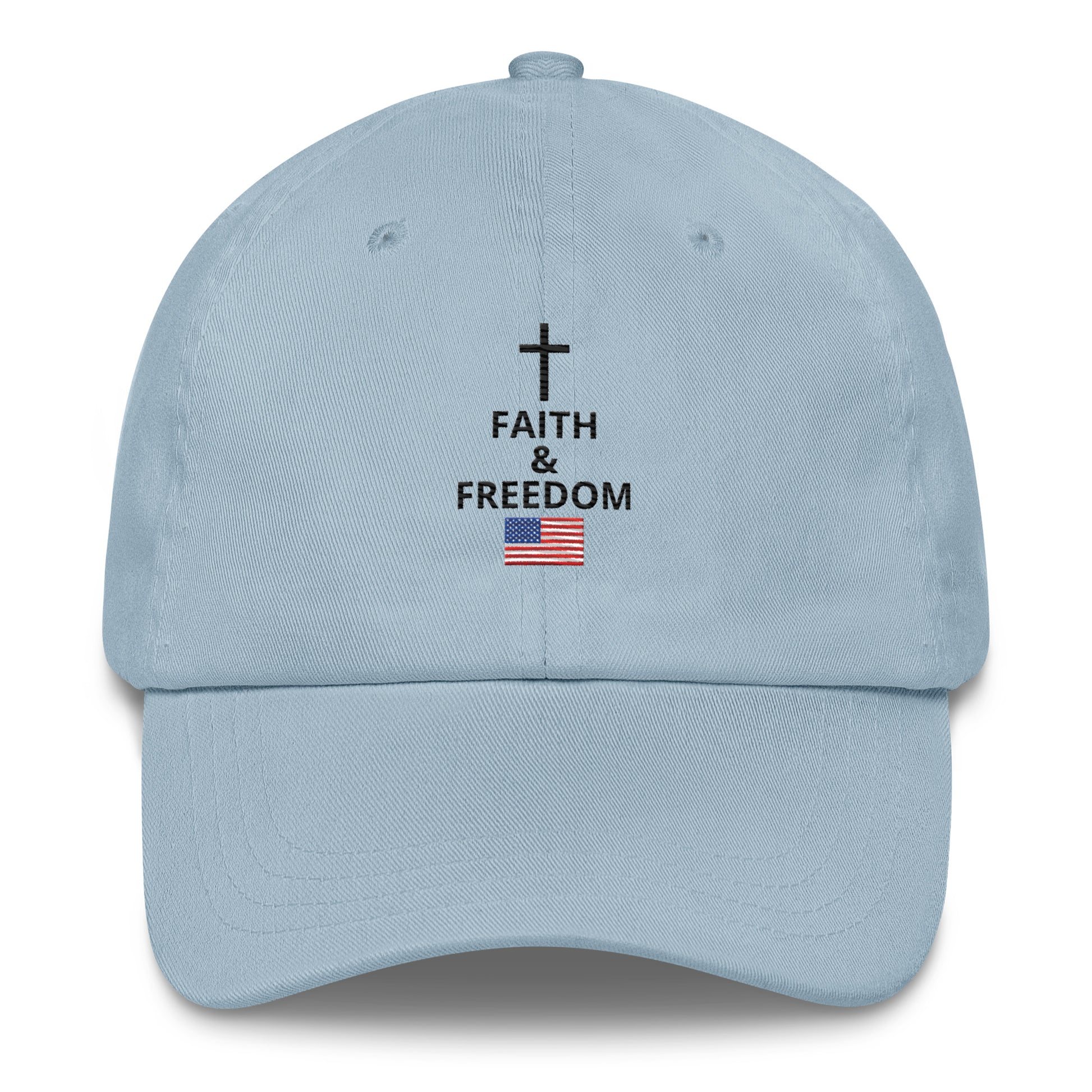 Light Blue Christian patriotic dad hat with Faith and Freedom cross and American flag design