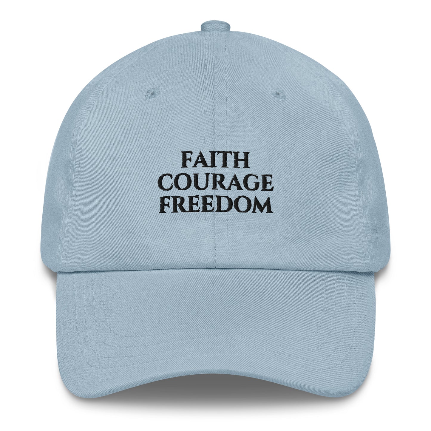 Light Blue Christian patriotic dad hat with Faith Courage Freedom text design
