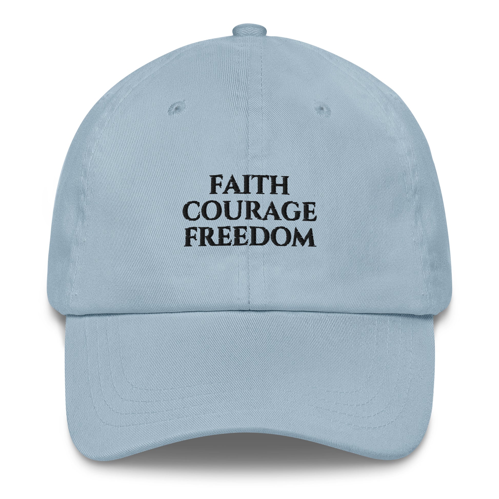 Light Blue Christian patriotic dad hat with Faith Courage Freedom text design
