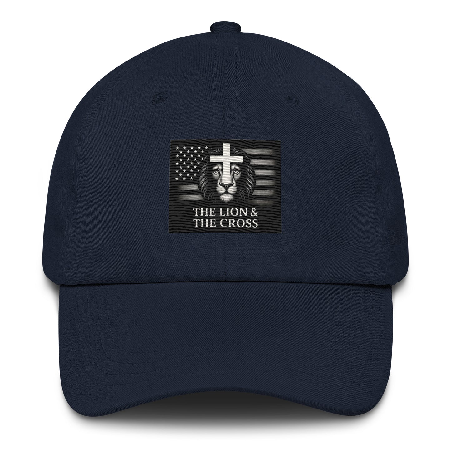 Navy Christian patriotic dad hat with exclusive The Lion and The Cross logo lion cross American flag
