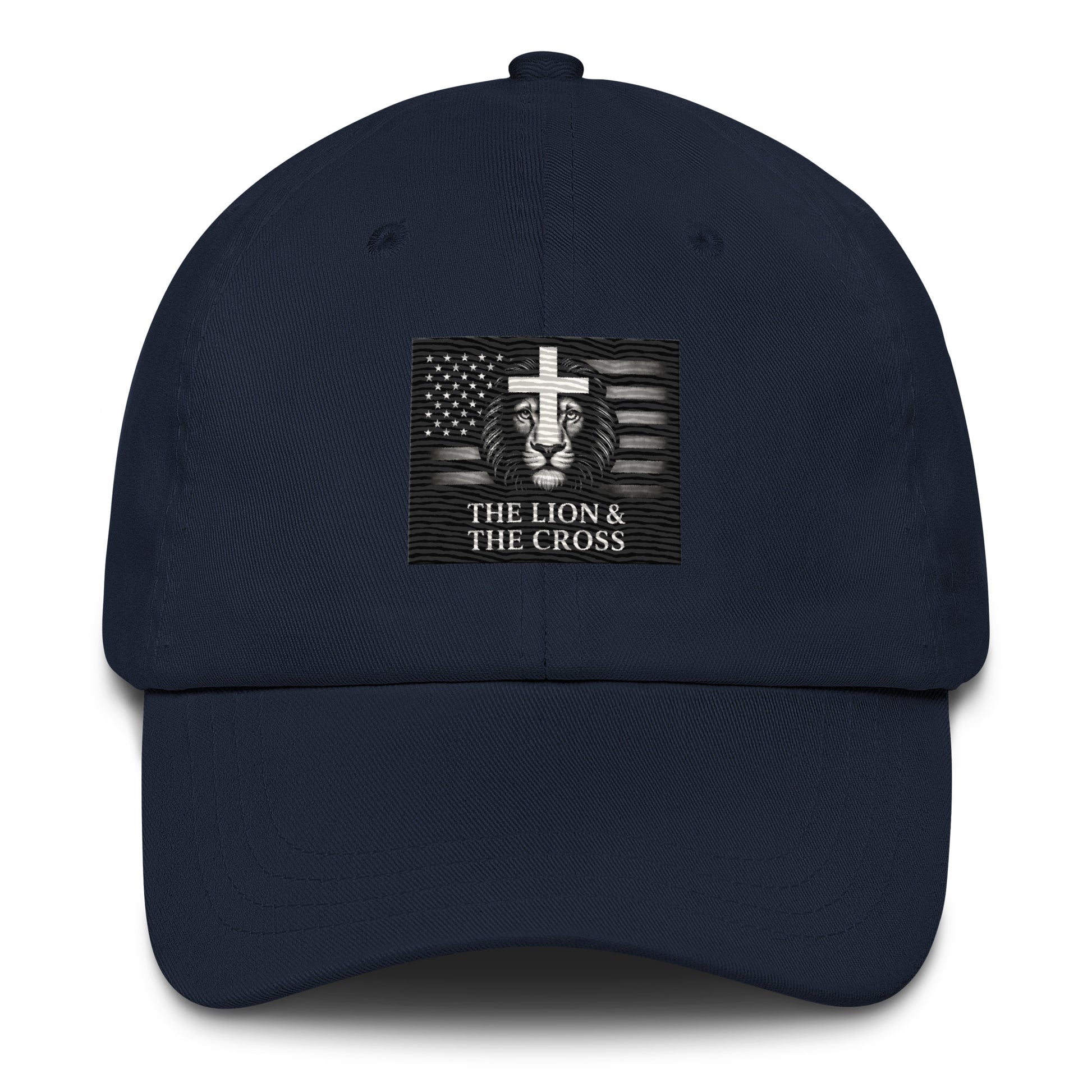 Navy Christian patriotic dad hat with exclusive The Lion and The Cross logo lion cross American flag
