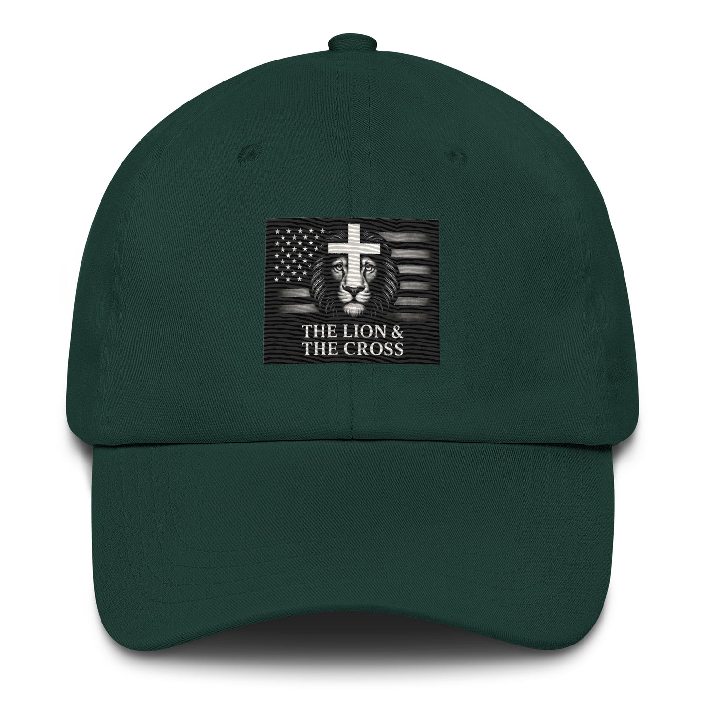 Spruce Christian patriotic dad hat with exclusive The Lion and The Cross logo lion cross American flag
