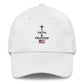 White Christian patriotic dad hat with Faith and Freedom cross and American flag design
