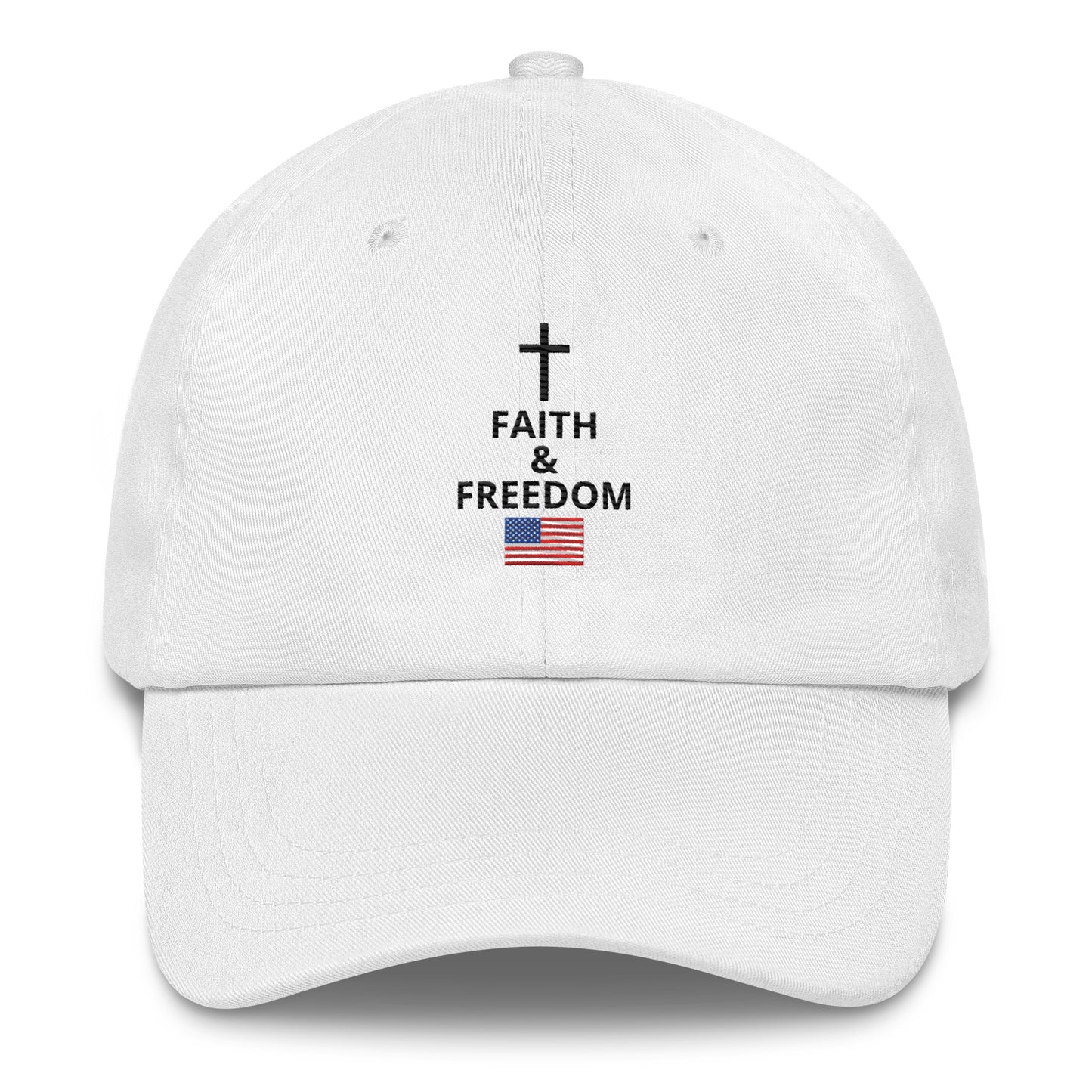 White Christian patriotic dad hat with Faith and Freedom cross and American flag design
