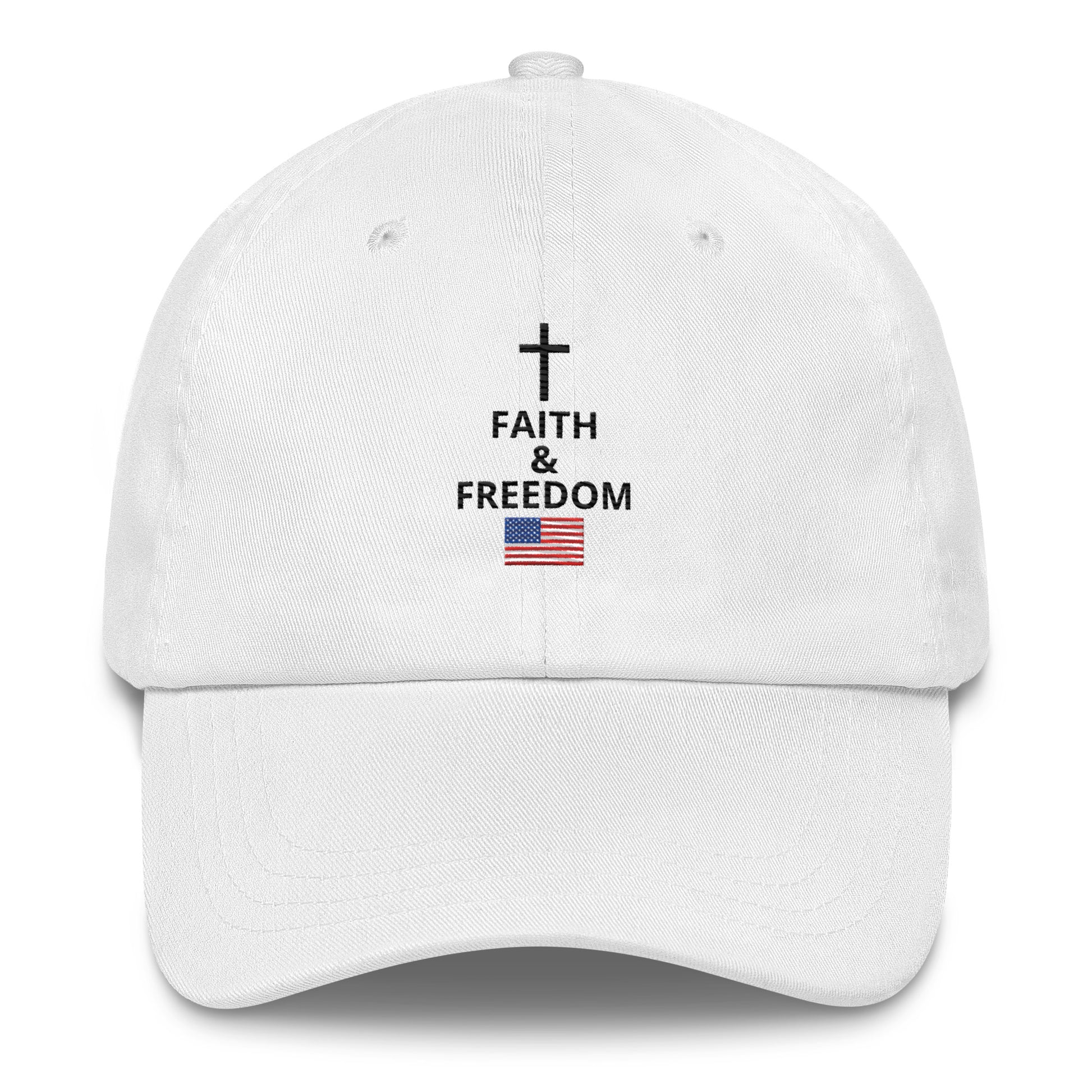White Christian patriotic dad hat with Faith and Freedom cross and American flag design
