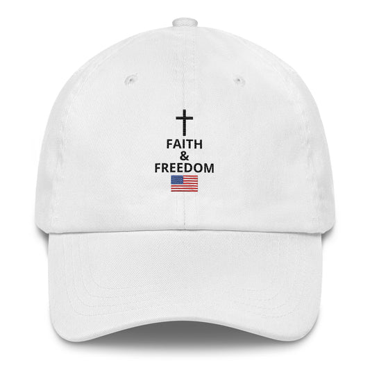 White Christian patriotic dad hat with Faith and Freedom cross and American flag design

