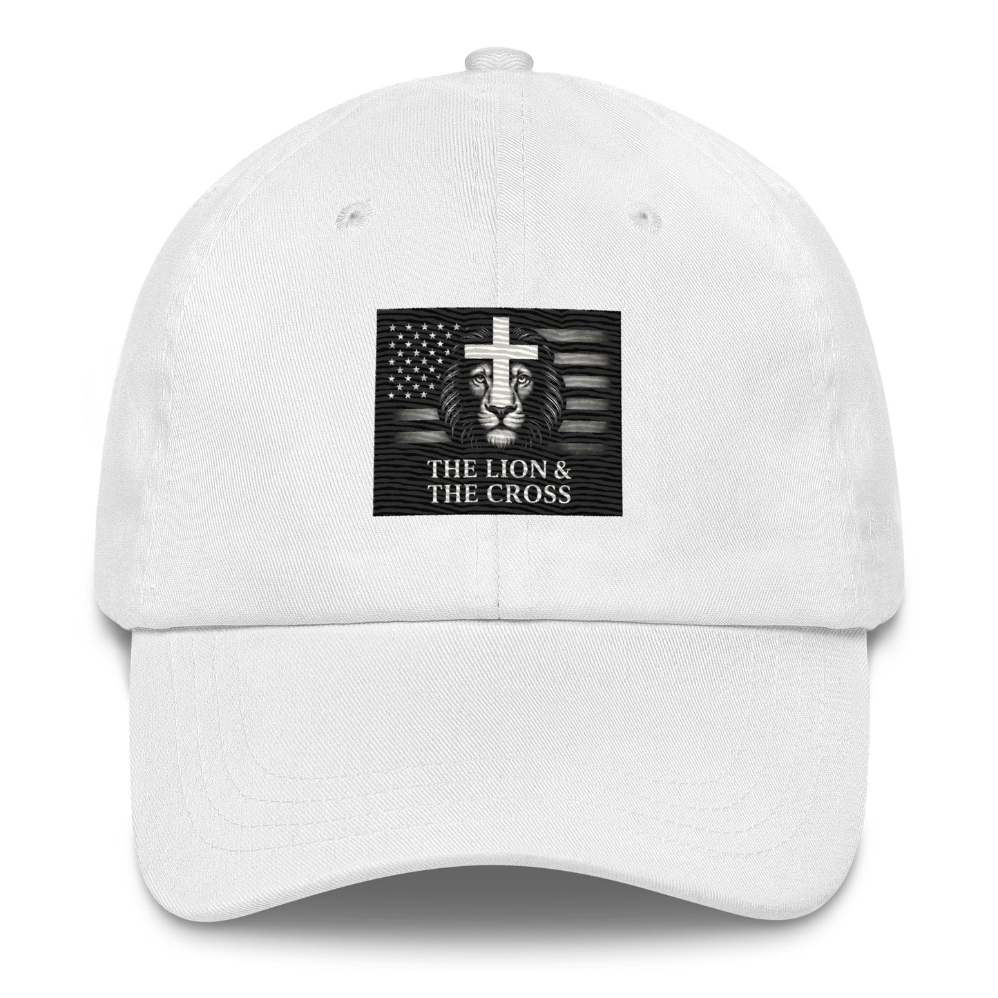White Christian patriotic dad hat with exclusive The Lion and The Cross logo lion cross American flag
