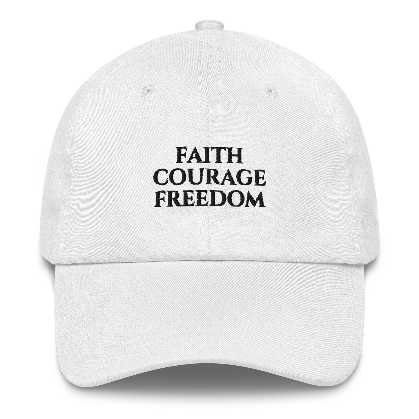 White Christian patriotic dad hat with Faith Courage Freedom text design

