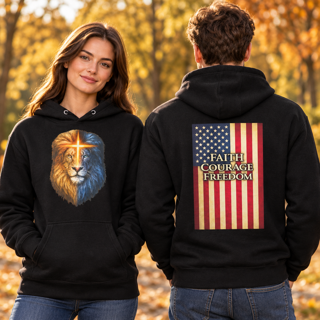 Conviction Lion hoodie front and back on female and male models