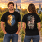 Conviction tee split-screen with male front view and female back view