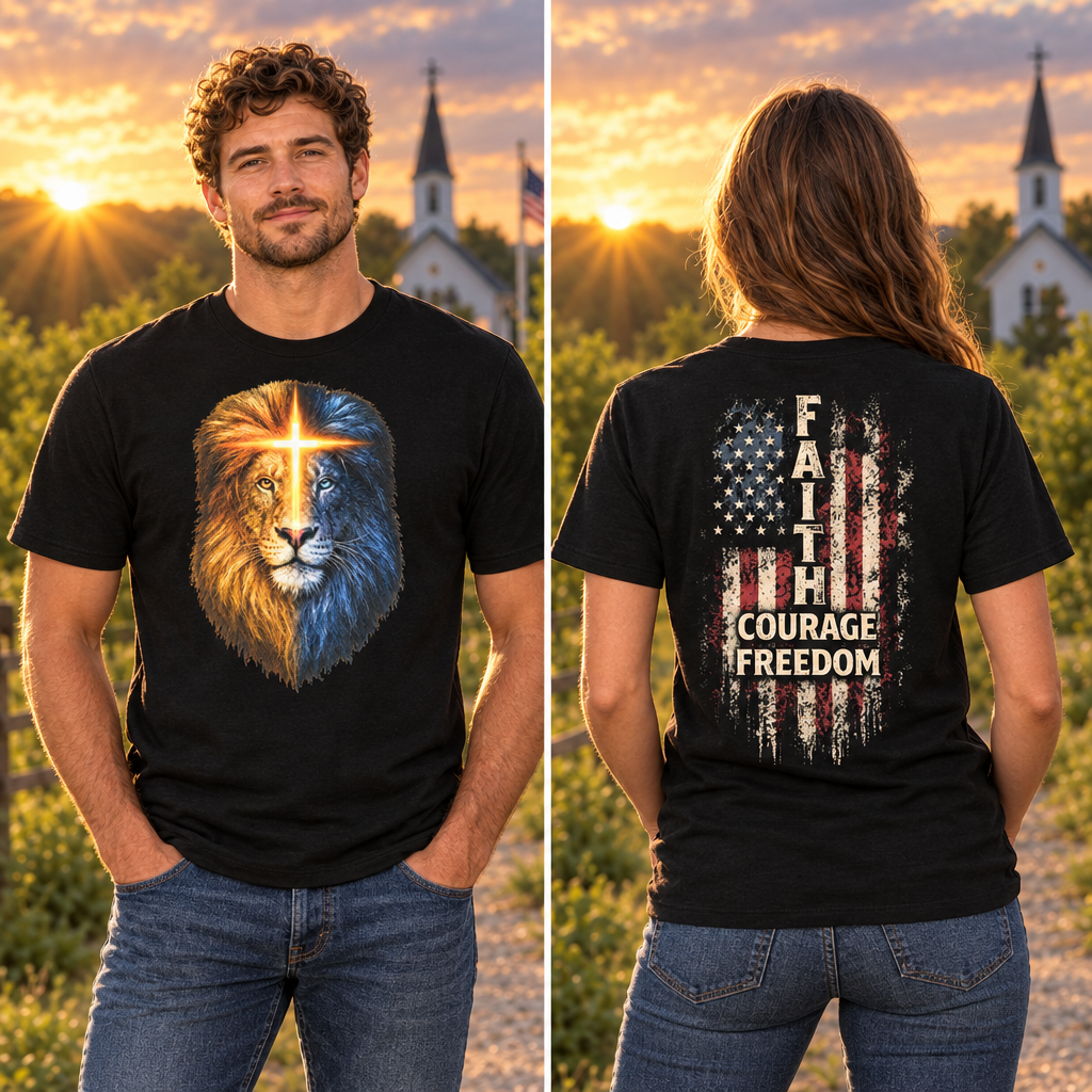 Conviction tee split-screen with male front view and female back view