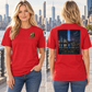 Female front-and-back lifestyle preview of the red Never Forget tee in New York City