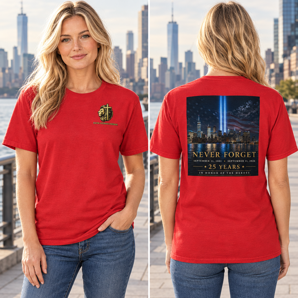 Female front-and-back lifestyle preview of the red Never Forget tee in New York City