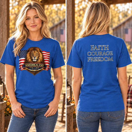Female front-and-back split-screen preview of the royal-blue America 250 tee
