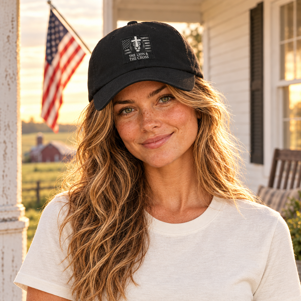Female model wearing the black Signature hat in the Midwest farmhouse setting