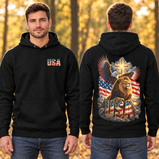 Front and back hoodie lifestyle views together